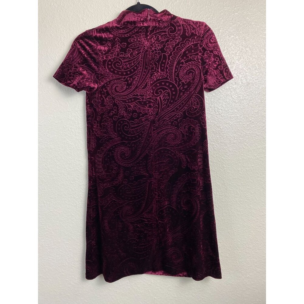 Aqua Velvet Plum Red Oxford‎ Paisley Floral Shirt Mini Dress Small Short Sleeve